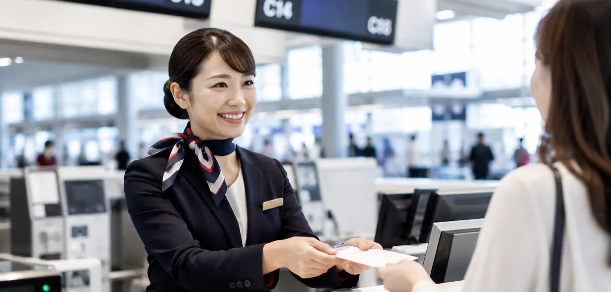 空港カウンターで接客するスタッフ